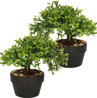 H&S Collection Kunstplant Bonsai boompje in pot - 2x - Japans decoratie - 19 cm - Type Olive - Kunstplanten Groen