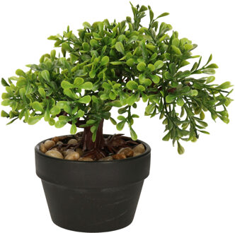 H&S Collection Kunstplant Bonsai boompje in pot - Japans decoratie - 19 cm - Type Olive - Kunstplanten Groen