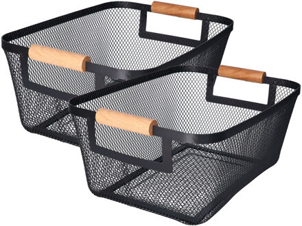 H&S Collection Opbergmand - 2x - met handgrepen - zwart - metaal - 31 x 22 x 14 cm - draadmand