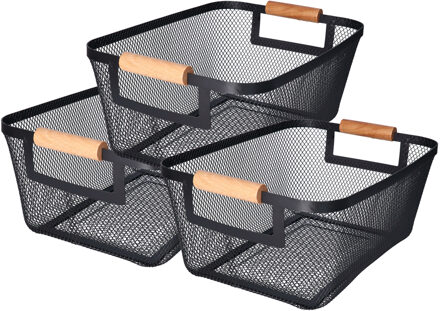 H&S Collection Opbergmand - 3x - met handgrepen - zwart - metaal - 31 x 22 x 14 cm - draadmand