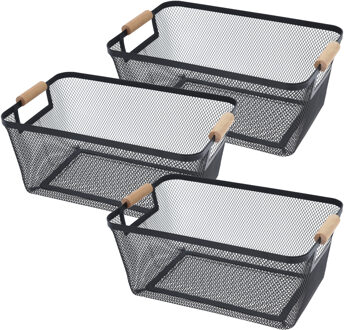 H&S Collection Opbergmand - 3x - met handgrepen - zwart - metaal - 35 x 23 x 16 cm - draadmand