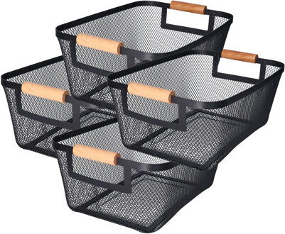 H&S Collection Opbergmand - 4x - met handgrepen - zwart - metaal - 31 x 22 x 14 cm - draadmand