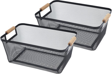 H&S Collection Opbergmand - 4x - met handgrepen - zwart - metaal - 35 x 23 x 16 cm - draadmand