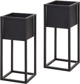 H&S Collection Plantenpot - 2x - zwart - op metalen standaard - 50 cm hoogte