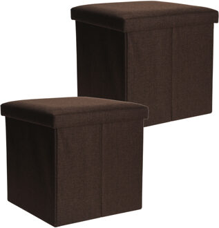H&S Collection Poef/hocker/krukje - 2x - opbergbox - bruin - polyester - 38 x 38 cm - opvouwbaar