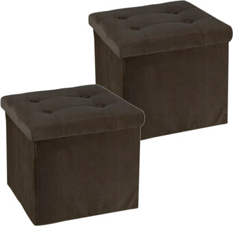 H&S Collection Poef/hocker/krukje - 2x - opbergbox - donkerbruin - fluweel polyester - 38 x 38 cm - Poefs