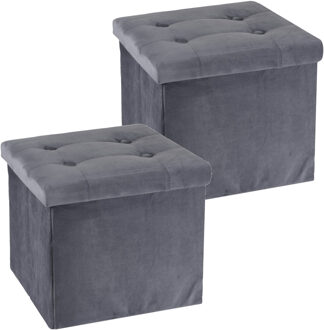 H&S Collection Poef/hocker/krukje - 2x - opbergbox - donkergrijs - fluweel polyester - 38 x 38 cm - Poefs