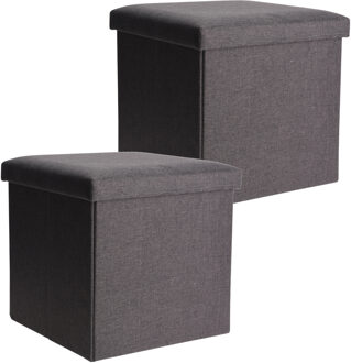 H&S Collection Poef/hocker/krukje - 2x - opbergbox - grijs - polyester - 38 x 38 cm - opvouwbaar