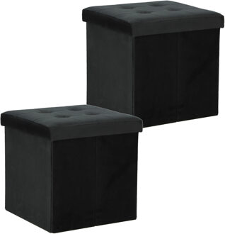 H&S Collection Poef/hocker/krukje - 2x - opbergbox - zwart - fluweel polyester - 38 x 38 cm - Poefs