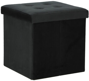 H&S Collection Poef/hocker/krukje - opbergbox - zwart - fluweel polyester - 38 x 38 cm - Poefs