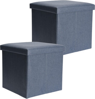 H&S Collection Poef/hocker/voetenbankje - 2x - opbergbox - blauw - polyester - 38 x 38 cm - Poefs