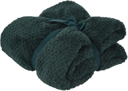 H&S Collection Polyester fleece deken/dekentje/plaid 130 x 170 cm donkergroen