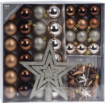 H&S Collection Set 44-delig kunststof kerstboomversiering bruin tinten met kerstballen, slingers en piek