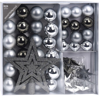 H&S Collection Set 44-delig kunststof kerstboomversiering grijs tinten met kerstballen, slingers en piek
