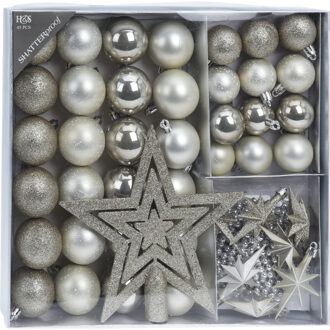 H&S Collection Set 44-delig kunststof kerstboomversiering parel/wit met kerstballen, slingers en piek - Kerstbal Multikleur