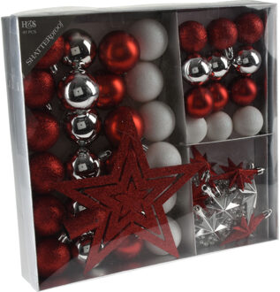 H&S Collection Set 44-delig kunststof kerstboomversiering rood/wit/zilver met kerstballen, slingers en piek