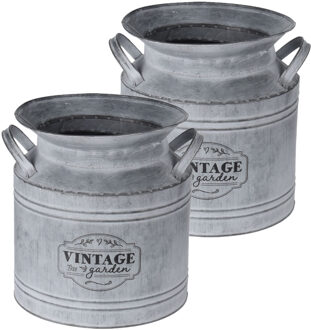 H&S Collection Set van 2x stuks decoratieve zinken melkbus vaas/containers 21 x 22 cm voor droogbloemen/takken