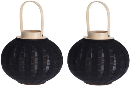 H&S Collection Set van 2x stuks houten theelichthouder / lantaarn met stof zwart 21 cm
