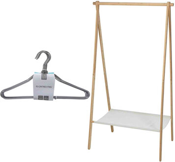 H&S Collection Set van kledingrek met plank en kledinghangers - bamboe - 155 cm - Kledingrekken Bruin