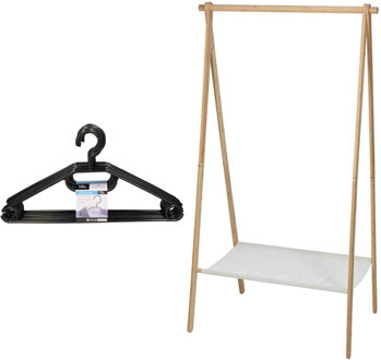 H&S Collection Set van kledingrek met plank en kledinghangers - bamboe - 155 cm - Kledingrekken Bruin