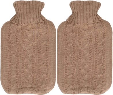 H&S Collection Warmwaterkruik - 2x - met zacht gebreide hoes - bruin - 1,75L - kruik