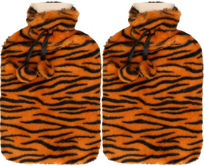 H&S Collection Warmwaterkruik - 2x - met zachte dierenprint hoes - oranje/zwart - 1,75L - kruik