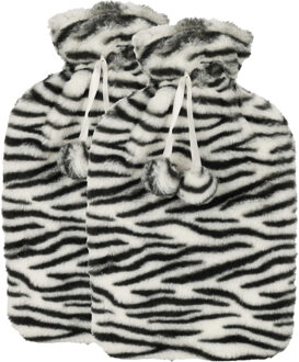 H&S Collection Warmwaterkruik - 2x - met zachte dierenprint hoes - wit/zwart - 1,75L - kruik