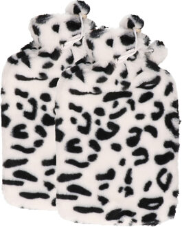 H&S Collection Warmwaterkruik - 2x - met zachte dierenprint hoes - wit/zwart - 1,75L - kruik