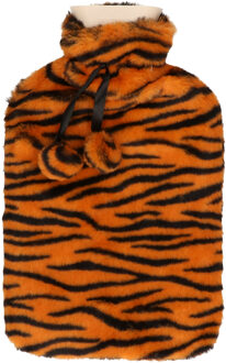 H&S Collection Warmwaterkruik - met zachte tijgerprint hoes - oranje/zwart - 1,75L - kruik