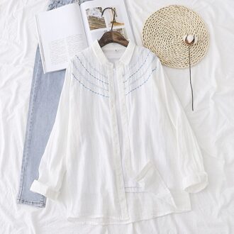 H. Sa Mode Geborduurde Huizen Vrouwen Lange Mouw Blouse Turn-Down Kraag Shirt Tops Streep Knop Losse Vrouwelijke blouses MYL-xzsan wit / S