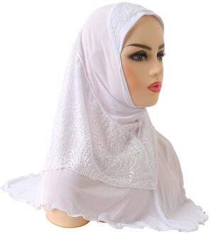 H126 Medium Size 70*60Cm Moslim Amira Hijab Met Kant Pull Op Islamitische Sjaal Head Wrap bid Sjaals wit