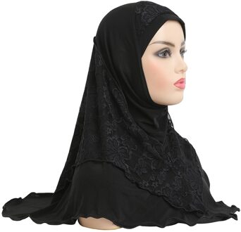 H126 Medium Size 70*60Cm Moslim Amira Hijab Met Kant Pull Op Islamitische Sjaal Head Wrap bid Sjaals zwart