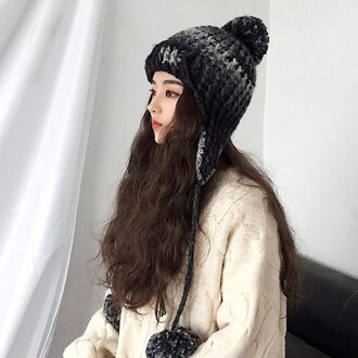 H3572 Vrouwen Warm Bomber Hoed Vrouwelijke Winter Oor Bescherming Verdikte Thermische Gebreide Cap Koreaanse Sweet Cute Casual Haarbal Hoeden zwart