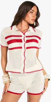 Haakgebreide Gebreide Top Met Kraag En Mini Short Coörd, Cream - L