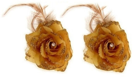 Haarbloem met veertjes - goud - 2x stuks - elastiek en klem