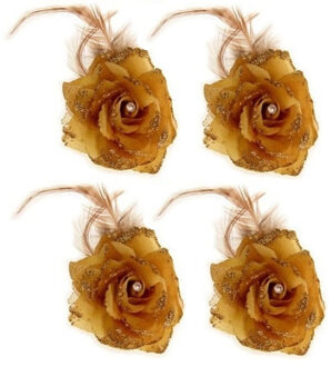 Haarbloem met veertjes - goud - 4x stuks - elastiek en klem