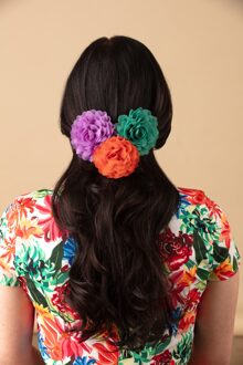 Haarbloemenset in wortel, violet tule en waterval Groen/Paars/Oranje