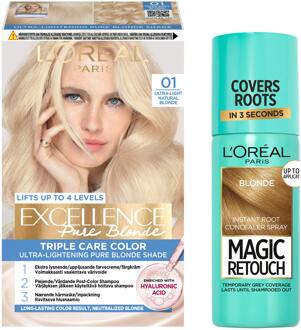 Haarverf L'Oréal Paris Excellence 01 Lightest Natural Blonde & Magic Retouch Root Concealer Spray 5 Blonde 1 pcs + 75 ml