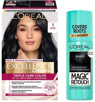 Haarverf L'Oréal Paris Excellence Creme Hair Color 1 Black & Magic Retouch Spray 1 Black 1 pcs + 75 ml