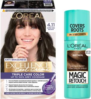 Haarverf L'Oréal Paris Excellence Creme Hair Color 4.11 Ultra Ash Brown & Magic Retouch Brown Instant Root Concealer Spray 1 pcs+ 75 ml