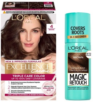 Haarverf L'Oréal Paris Excellence Creme Hair Color 4 Brown & Magic Retouch Brown Instant Root Concealer Spray 1 pcs + 75 ml