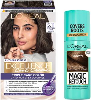 Haarverf L'Oréal Paris Excellence Creme Hair Color 5.11 Ultra Ash Light Brown & Magic Retouch Brown Instant Root Concealer Spray 1 pcs + 75 ml