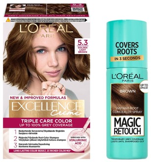 Haarverf L'Oréal Paris Excellence Creme Hair Color 5.3 Golden Light Brown & Magic Retouch Brown Instant Root Concealer Spray 1 pcs + 75 ml