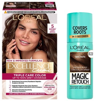 Haarverf L'Oréal Paris Excellence Creme Hair Color 5 Natural Light Brown & Magic Retouch Brown Instant Root Concealer Spray 1 pcs + 75 ml