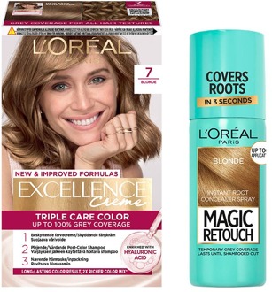 Haarverf L'Oréal Paris Excellence Creme Hair Color 7 Darkest Blond & Magic Retouch Root Concealer Spray 5 Blonde 1 pcs + 75 ml