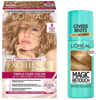 Haarverf L'Oréal Paris Excellence Creme Hair Color 8.0 Natural Light Blonde & Magic Retouch Root Concealer Spray 5 Blonde 1 pcs + 75 ml