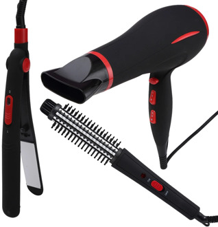 Hair dryer, hair straightener and SWISS HOME curler in black and red color