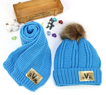 Hairball mutsen sets fluwelen wol kids Gebreide bont hoeden winter 2 stks jongens meisje sjaal hoed set Leeftijd voor 4 -15 jaar oude kind Blauw