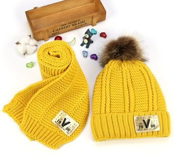 Hairball mutsen sets fluwelen wol kids Gebreide bont hoeden winter 2 stks jongens meisje sjaal hoed set Leeftijd voor 4 -15 jaar oude kind Geel