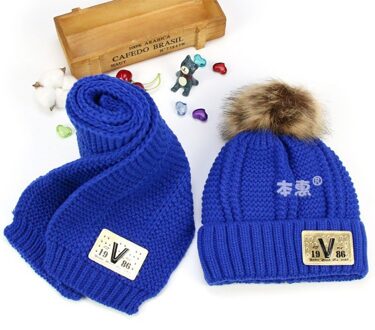 Hairball mutsen sets fluwelen wol kids Gebreide bont hoeden winter 2 stks jongens meisje sjaal hoed set Leeftijd voor 4 -15 jaar oude kind koninklijk blauw